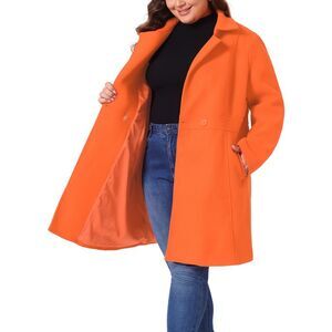 Plus Size Notched Lapel Single Breasted Wool Trench Peacoat Orange